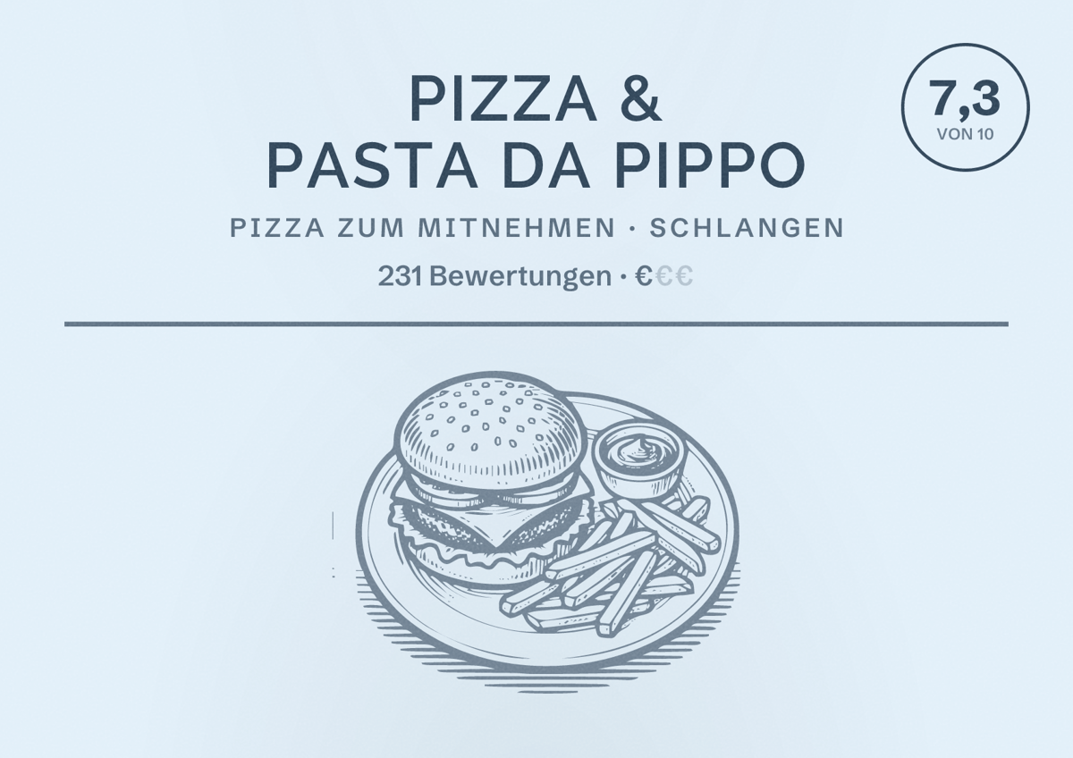 Illustriertes Poster von Pizza & Pasta da Pippo, Pizza zum Mitnehmen in Schlangen: Bewertung 7,3 von 10 aus 231 Bewertungen, Preisniveau €