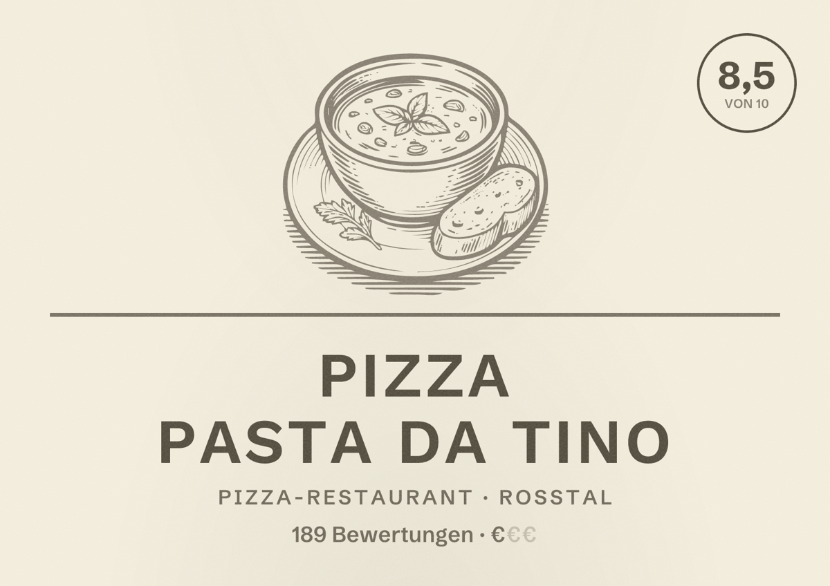 Illustriertes Poster von Pizza Pasta da Tino, Pizza-Restaurant in Roßtal: Bewertung 8,5 von 10 aus 189 Bewertungen, Preisniveau €