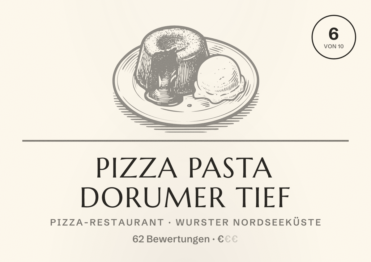 Illustriertes Poster von Pizza Pasta Dorumer Tief, Pizza-Restaurant in Wurster Nordseeküste: Bewertung 6 von 10 aus 62 Bewertungen, Preisniveau €