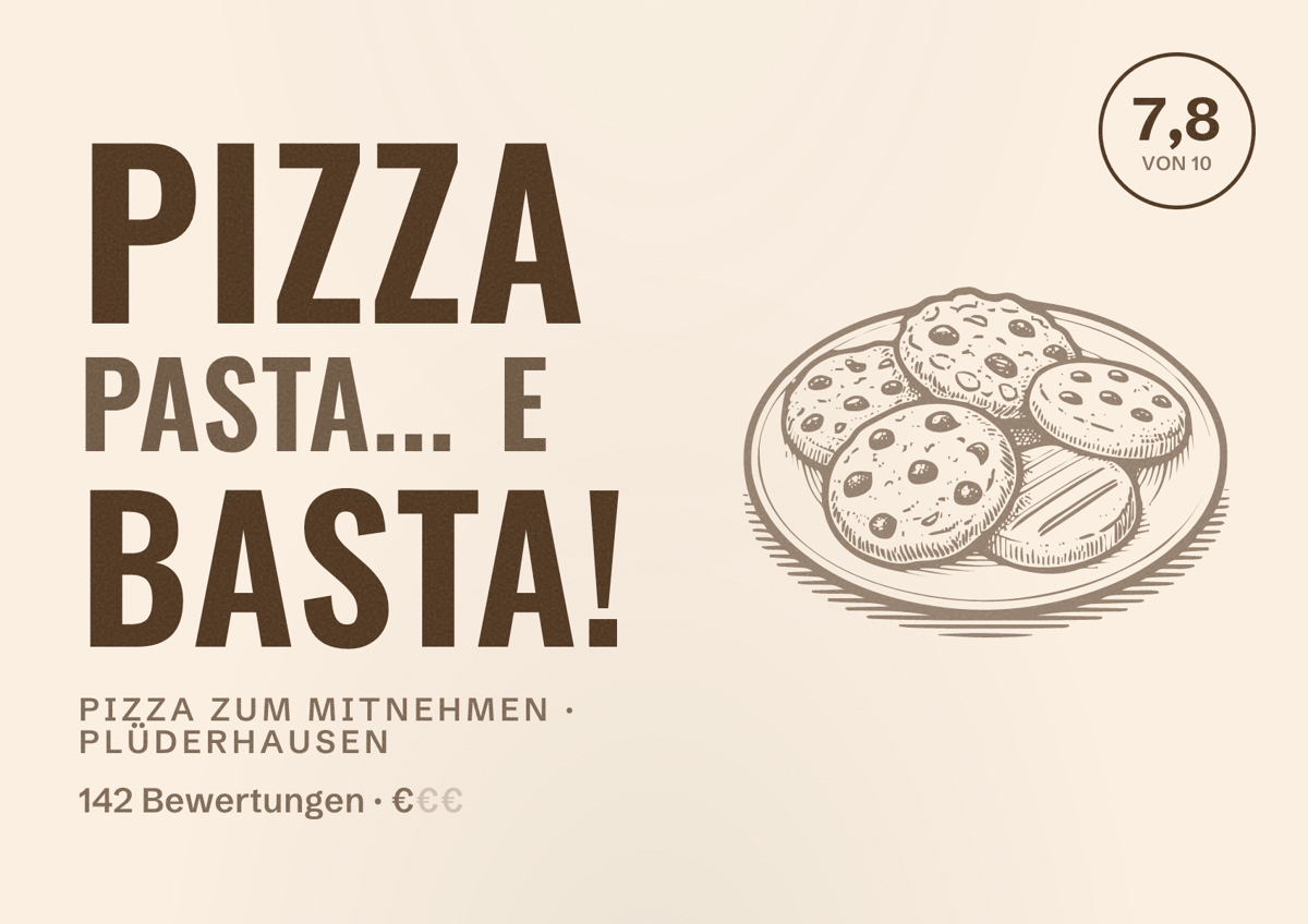 Illustriertes Poster von pizza pasta... e basta!, Pizza zum Mitnehmen in Plüderhausen: Bewertung 7,8 von 10 aus 142 Bewertungen, Preisniveau €