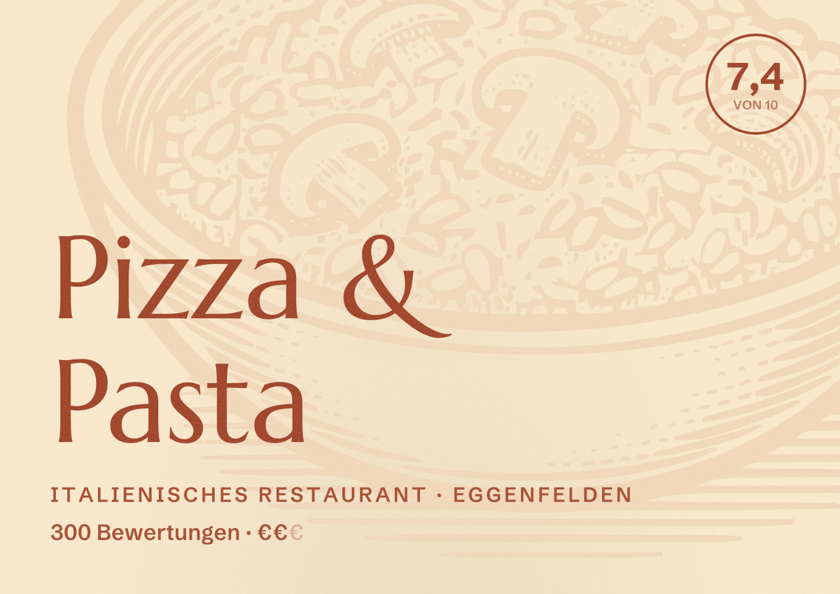 Illustriertes Poster von Pizza & Pasta, Italienisches Restaurant in Eggenfelden: Bewertung 7,4 von 10 aus 300 Bewertungen, Preisniveau €€