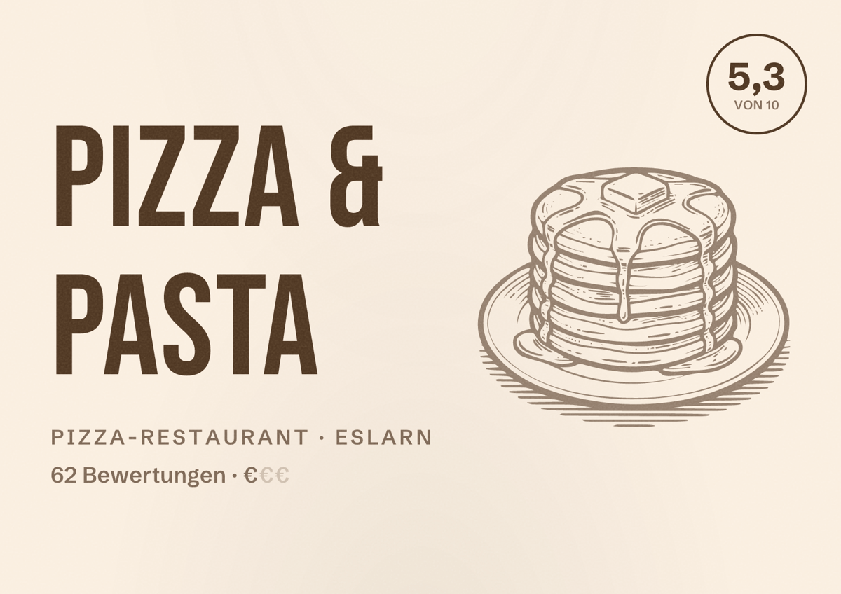 Illustriertes Poster von Pizza & Pasta, Pizza-Restaurant in Eslarn: Bewertung 5,3 von 10 aus 62 Bewertungen, Preisniveau €