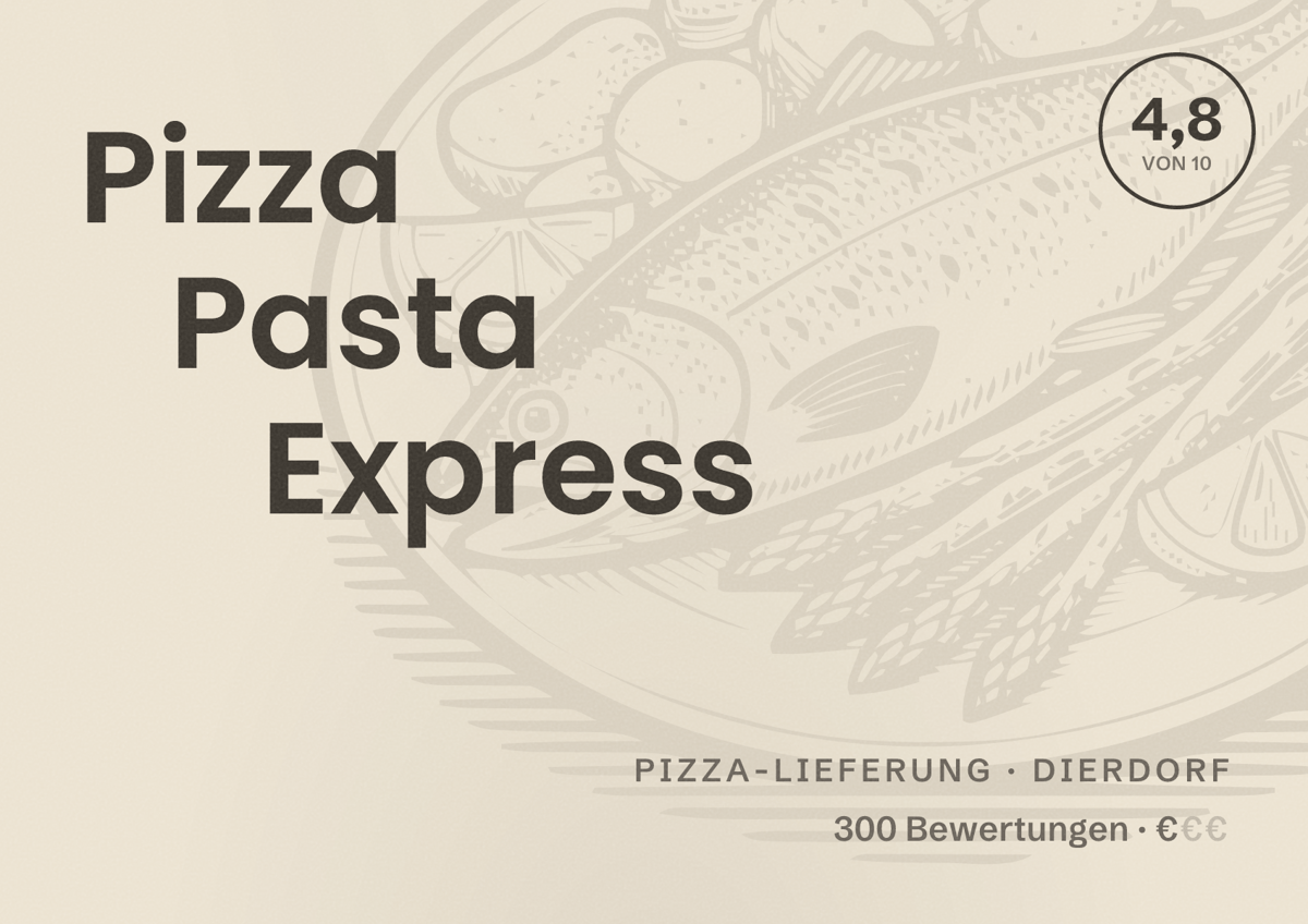 Illustriertes Poster von Pizza Pasta Express, Pizza-Lieferung in Dierdorf: Bewertung 4,8 von 10 aus 300 Bewertungen, Preisniveau €