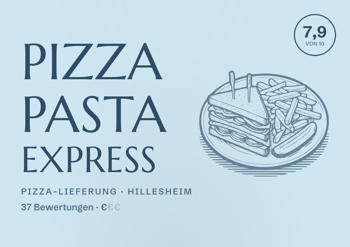 Illustriertes Poster von Pizza Pasta Express, Pizza-Lieferung in Hillesheim: Bewertung 7,9 von 10 aus 37 Bewertungen, Preisniveau €
