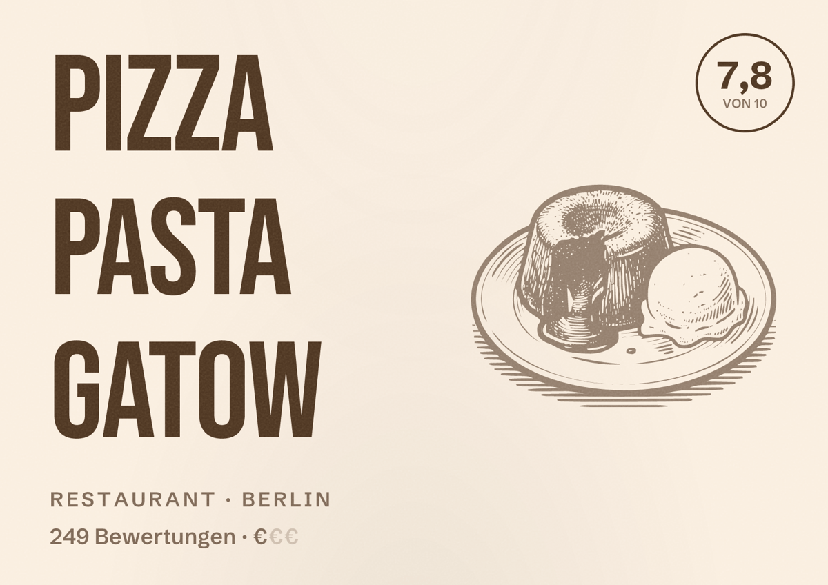 Illustriertes Poster von Pizza Pasta Gatow, Restaurant in Berlin: Bewertung 7,8 von 10 aus 249 Bewertungen, Preisniveau €