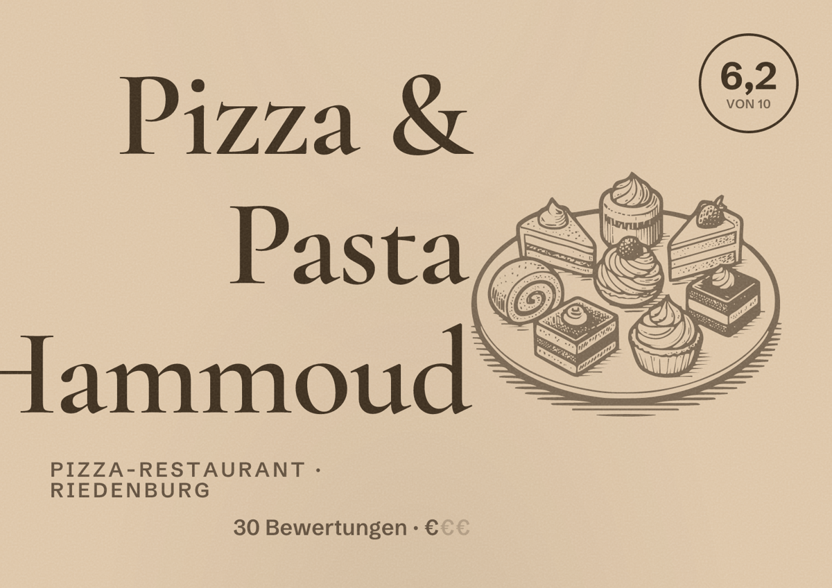Illustriertes Poster von Pizza & Pasta Hammoud, Pizza-Restaurant in Riedenburg: Bewertung 6,2 von 10 aus 30 Bewertungen, Preisniveau €