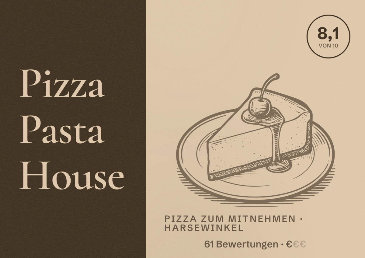 Illustriertes Poster von Pizza Pasta House, Pizza zum Mitnehmen in Harsewinkel: Bewertung 8,1 von 10 aus 61 Bewertungen, Preisniveau €
