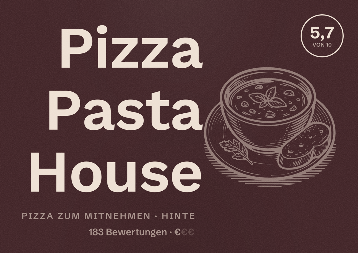 Illustriertes Poster von Pizza Pasta House, Pizza zum Mitnehmen in Hinte: Bewertung 5,7 von 10 aus 183 Bewertungen, Preisniveau €