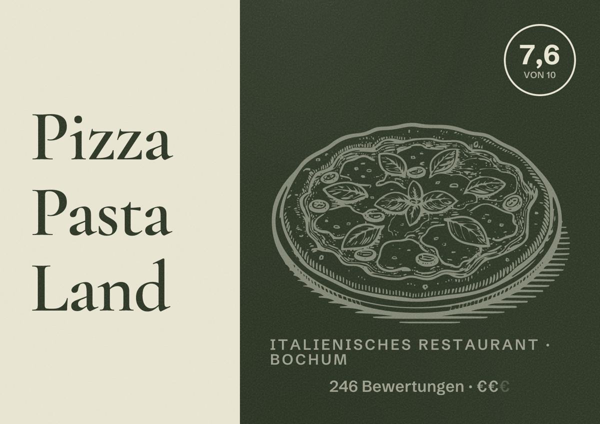 Illustriertes Poster von Pizza Pasta Land, Italienisches Restaurant in Bochum: Bewertung 7,6 von 10 aus 246 Bewertungen, Preisniveau €€