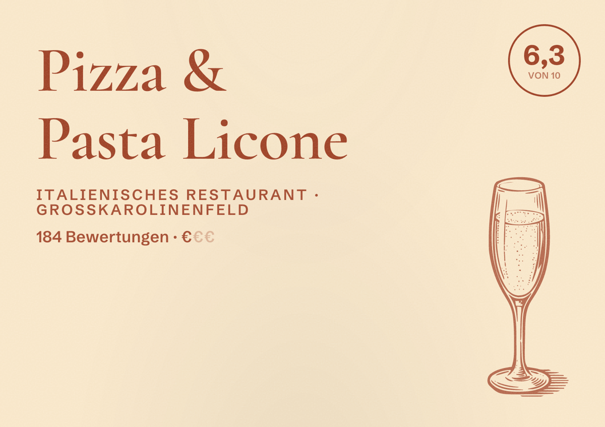 Illustriertes Poster von Pizza & Pasta Licone, Italienisches Restaurant in Großkarolinenfeld: Bewertung 6,3 von 10 aus 184 Bewertungen, Preisniveau €