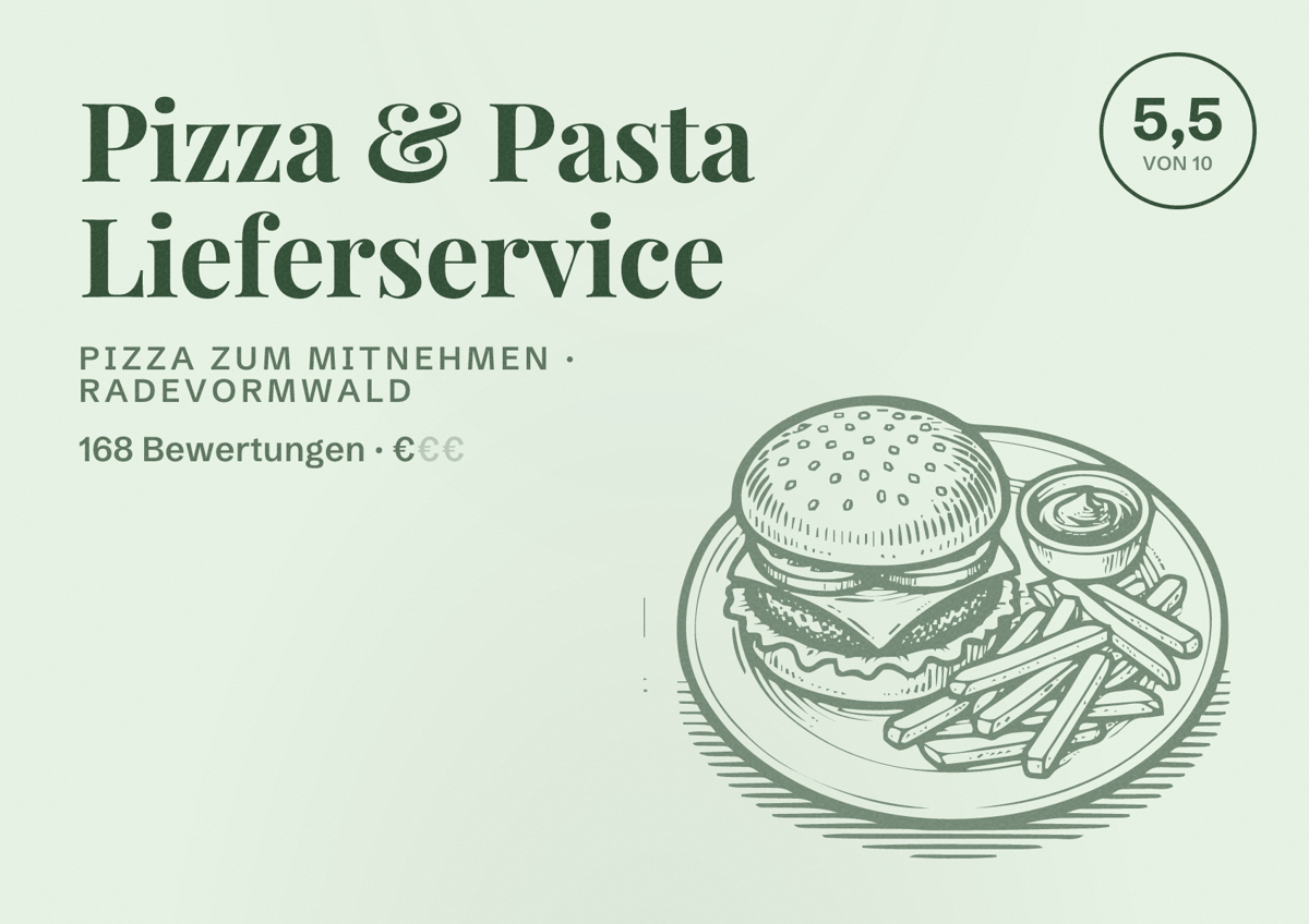 Illustriertes Poster von Pizza & Pasta Lieferservice, Pizza zum Mitnehmen in Radevormwald: Bewertung 5,5 von 10 aus 168 Bewertungen, Preisniveau €