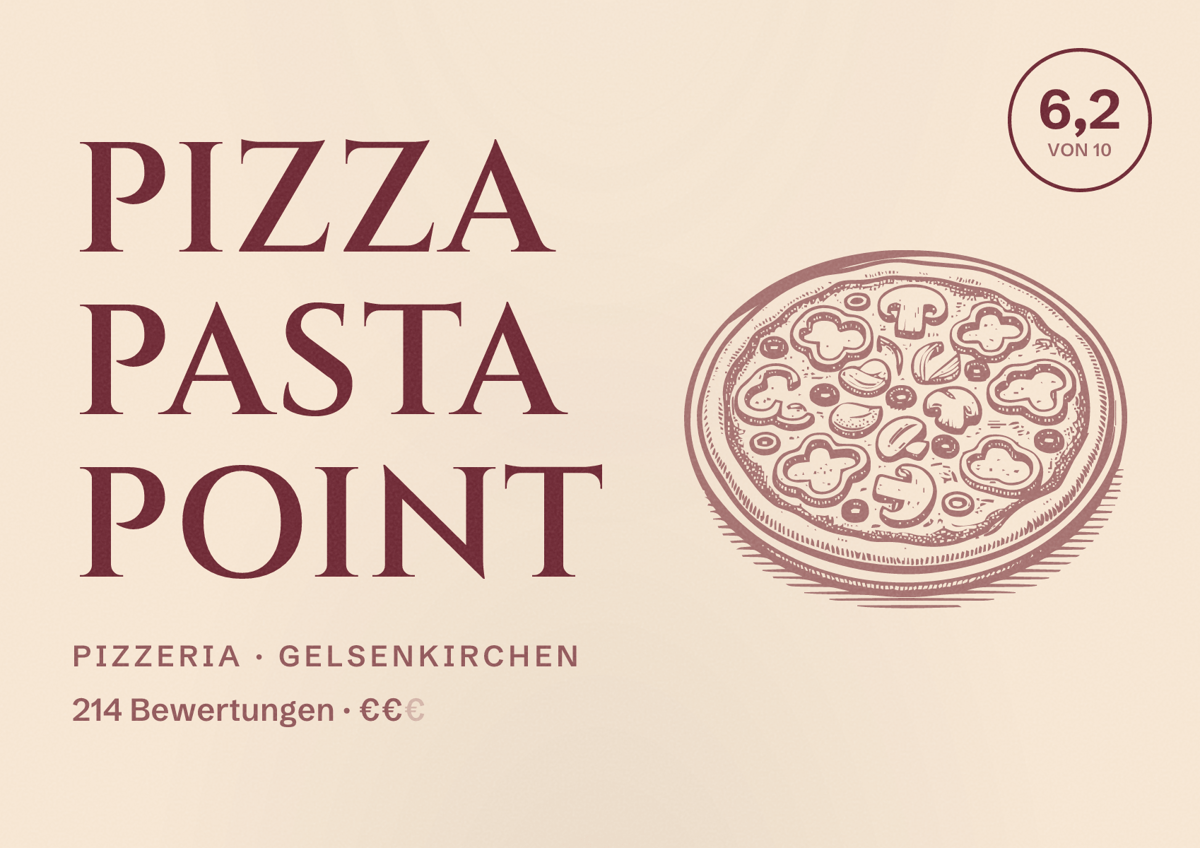 Illustriertes Poster von Pizza Pasta Point, Pizzeria in Gelsenkirchen: Bewertung 6,2 von 10 aus 214 Bewertungen, Preisniveau €€