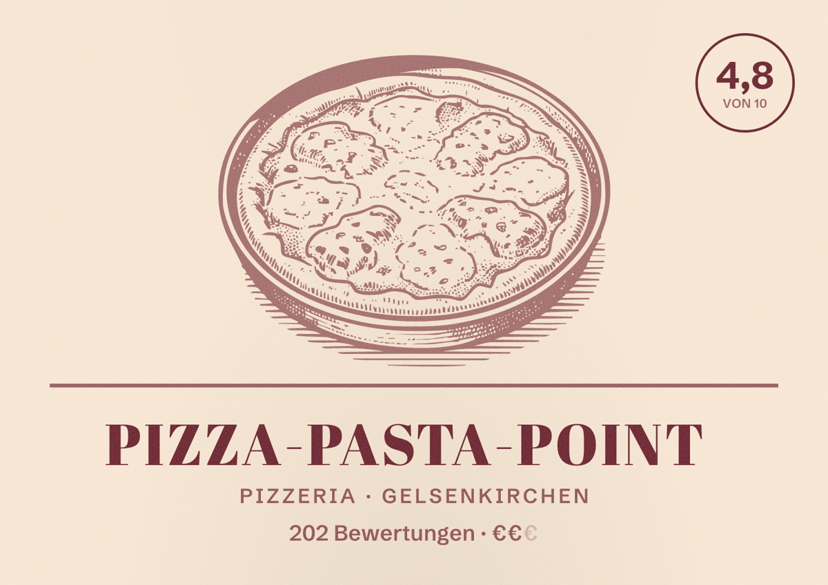 Illustriertes Poster von Pizza-Pasta-Point, Pizzeria in Gelsenkirchen: Bewertung 4,8 von 10 aus 202 Bewertungen, Preisniveau €€
