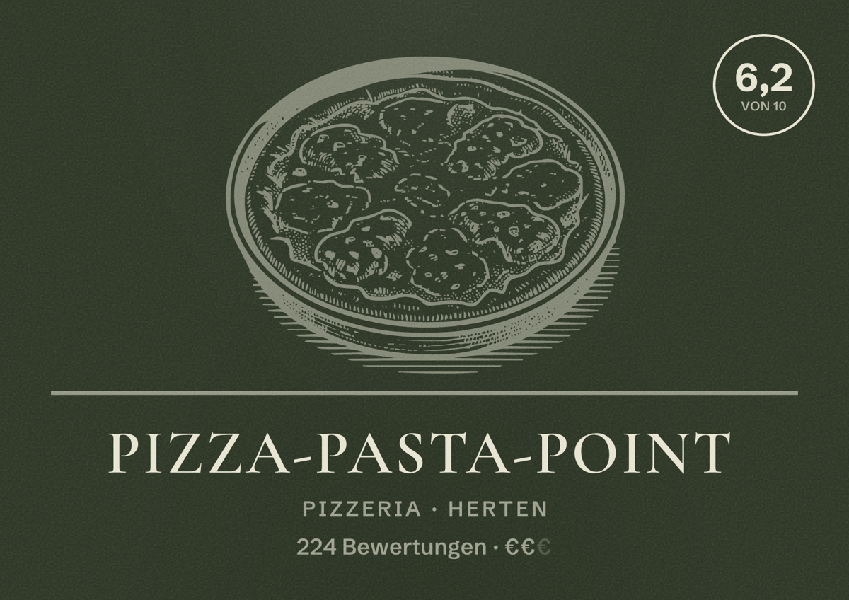 Illustriertes Poster von Pizza-Pasta-Point, Pizzeria in Herten: Bewertung 6,2 von 10 aus 224 Bewertungen, Preisniveau €€
