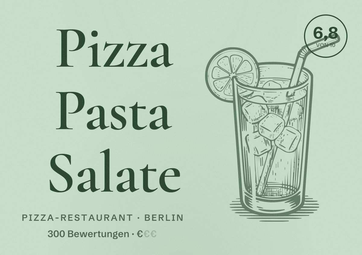 Illustriertes Poster von Pizza Pasta Salate, Pizza-Restaurant in Berlin: Bewertung 6,8 von 10 aus 300 Bewertungen, Preisniveau €