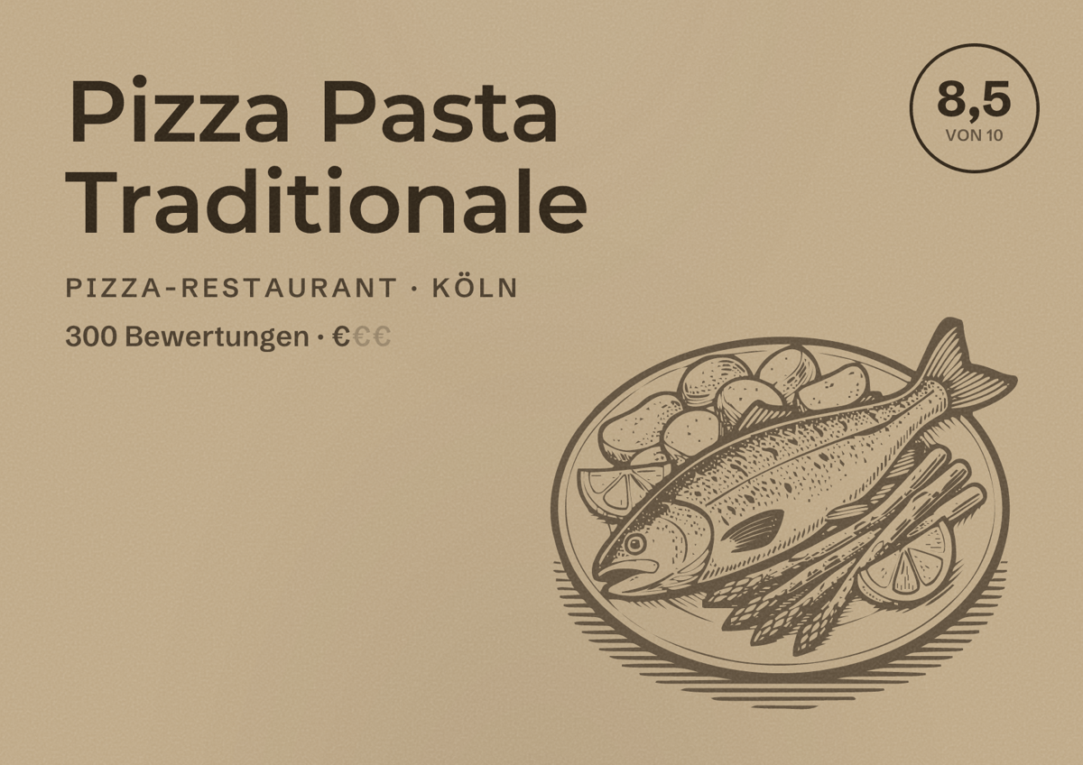 Illustriertes Poster von Pizza Pasta Traditionale, Pizza-Restaurant in Köln: Bewertung 8,5 von 10 aus 300 Bewertungen, Preisniveau €