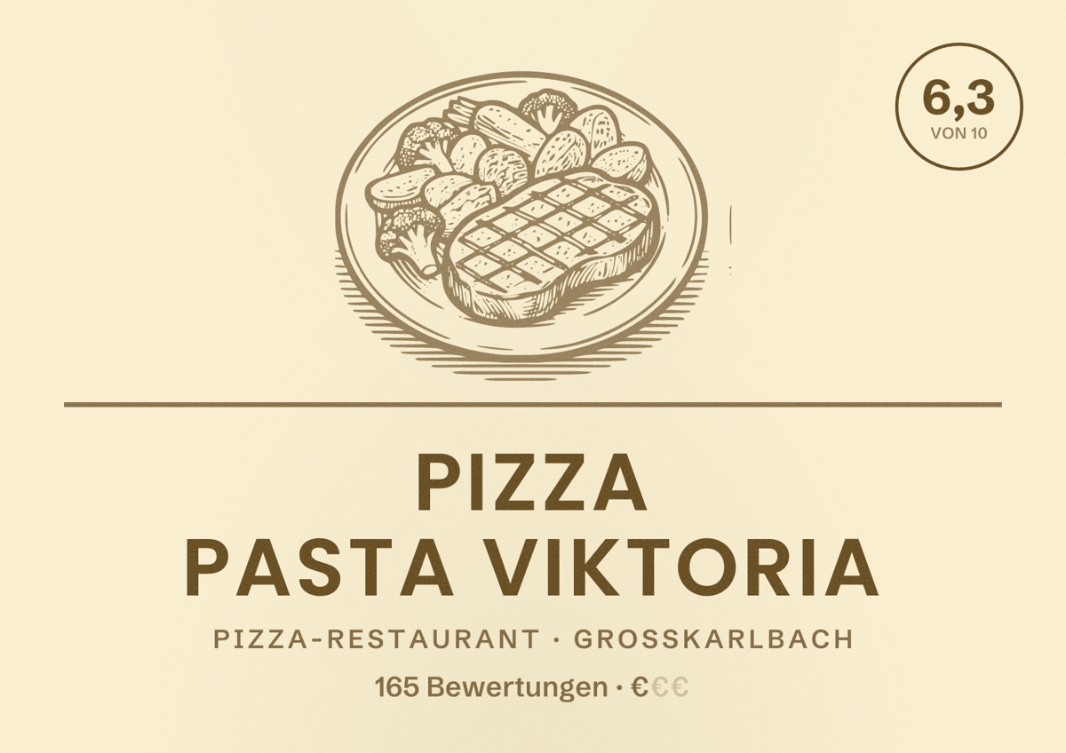 Illustriertes Poster von PIZZA PASTA VIKTORIA, Pizza-Restaurant in Großkarlbach: Bewertung 6,3 von 10 aus 165 Bewertungen, Preisniveau €