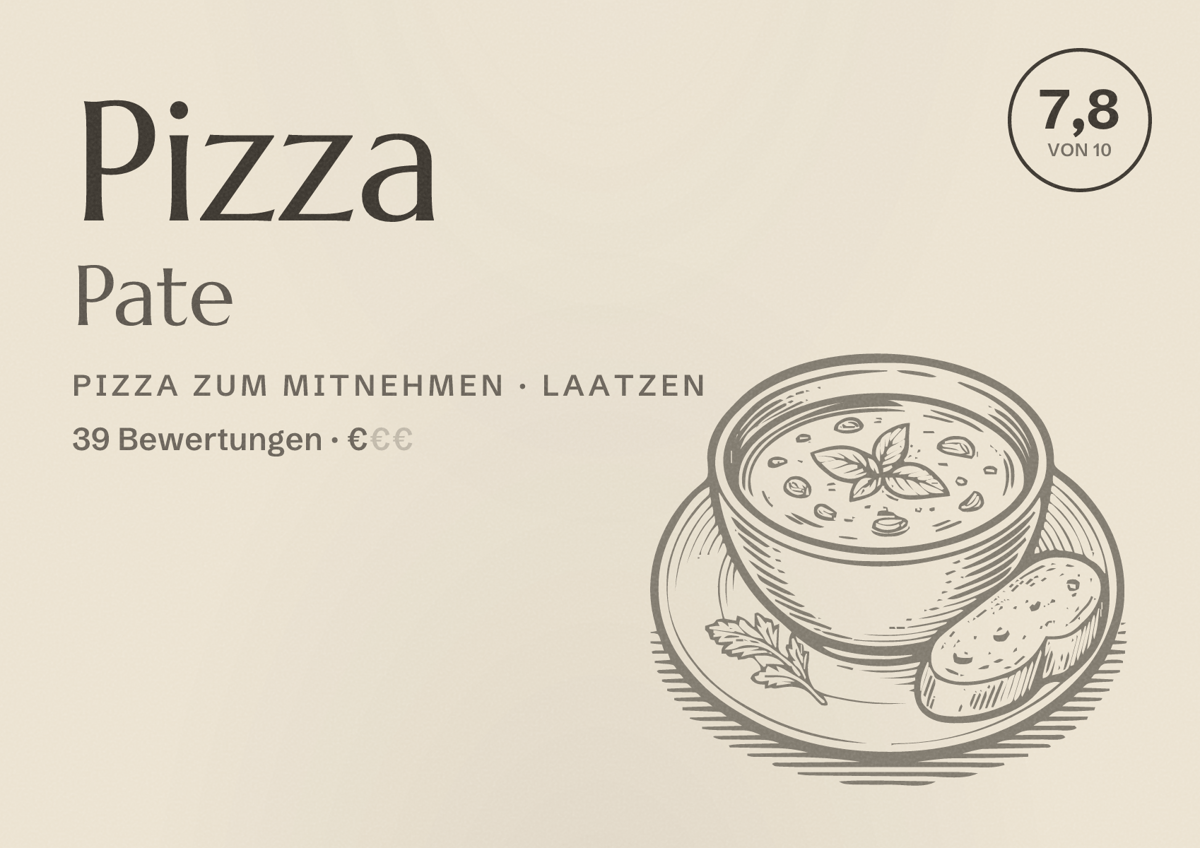 Illustriertes Poster von Pizza Pate, Pizza zum Mitnehmen in Laatzen: Bewertung 7,8 von 10 aus 39 Bewertungen, Preisniveau €