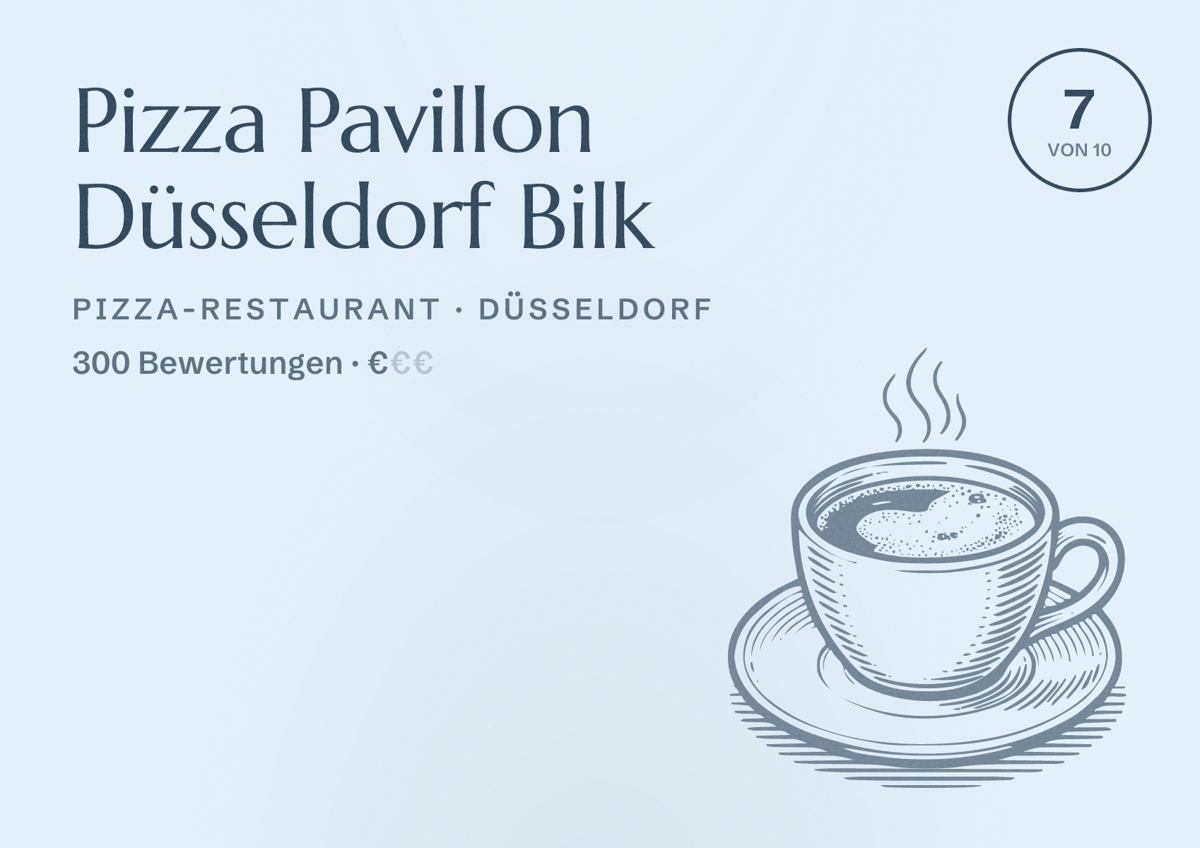 Illustriertes Poster von Pizza Pavillon Düsseldorf Bilk, Pizza-Restaurant in Düsseldorf: Bewertung 7,0 von 10 aus 300 Bewertungen, Preisniveau €
