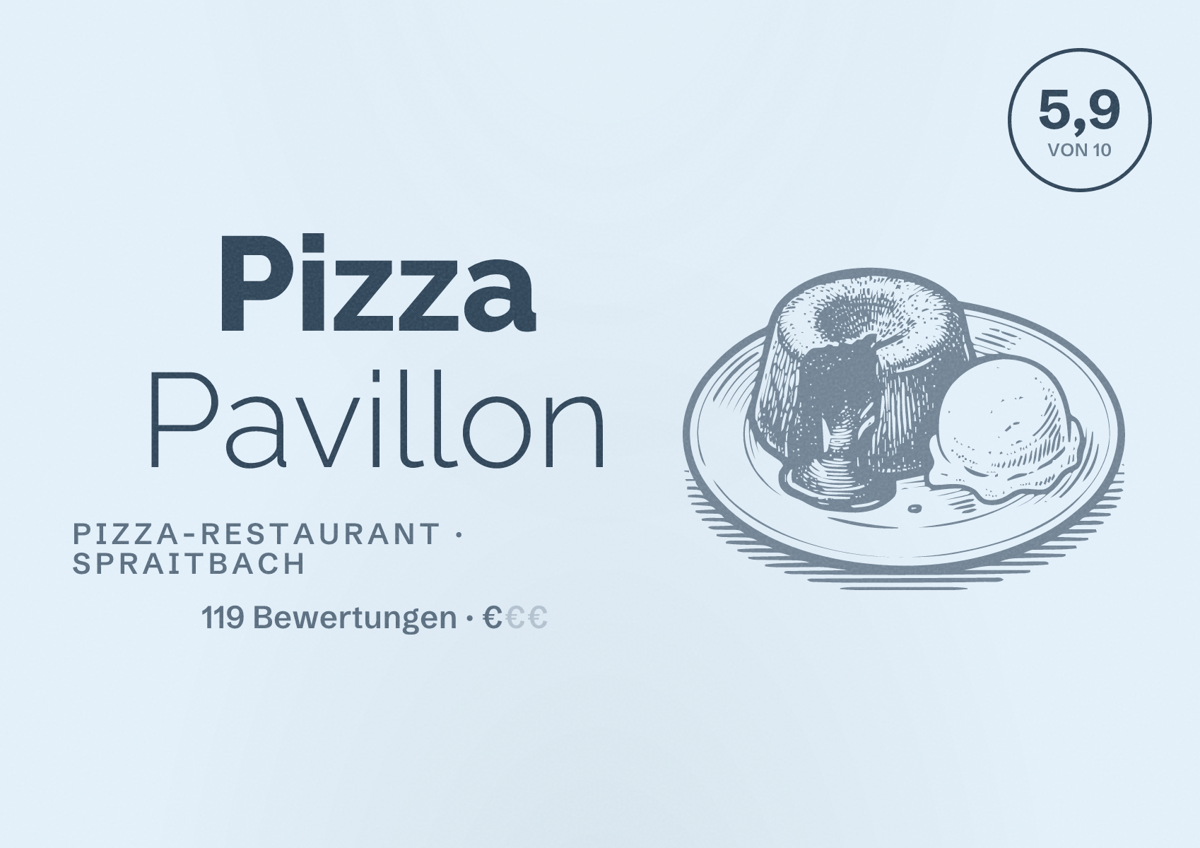 Illustriertes Poster von Pizza Pavillon, Pizza-Restaurant in Spraitbach: Bewertung 5,9 von 10 aus 119 Bewertungen, Preisniveau €