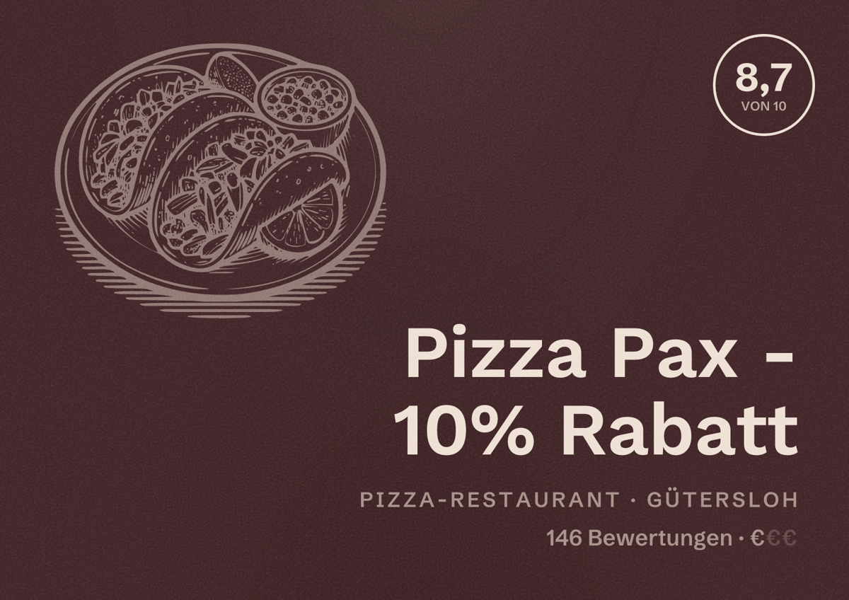 Illustriertes Poster von Pizza Pax - 10% Rabatt, Pizza-Restaurant in Gütersloh: Bewertung 8,7 von 10 aus 146 Bewertungen, Preisniveau €