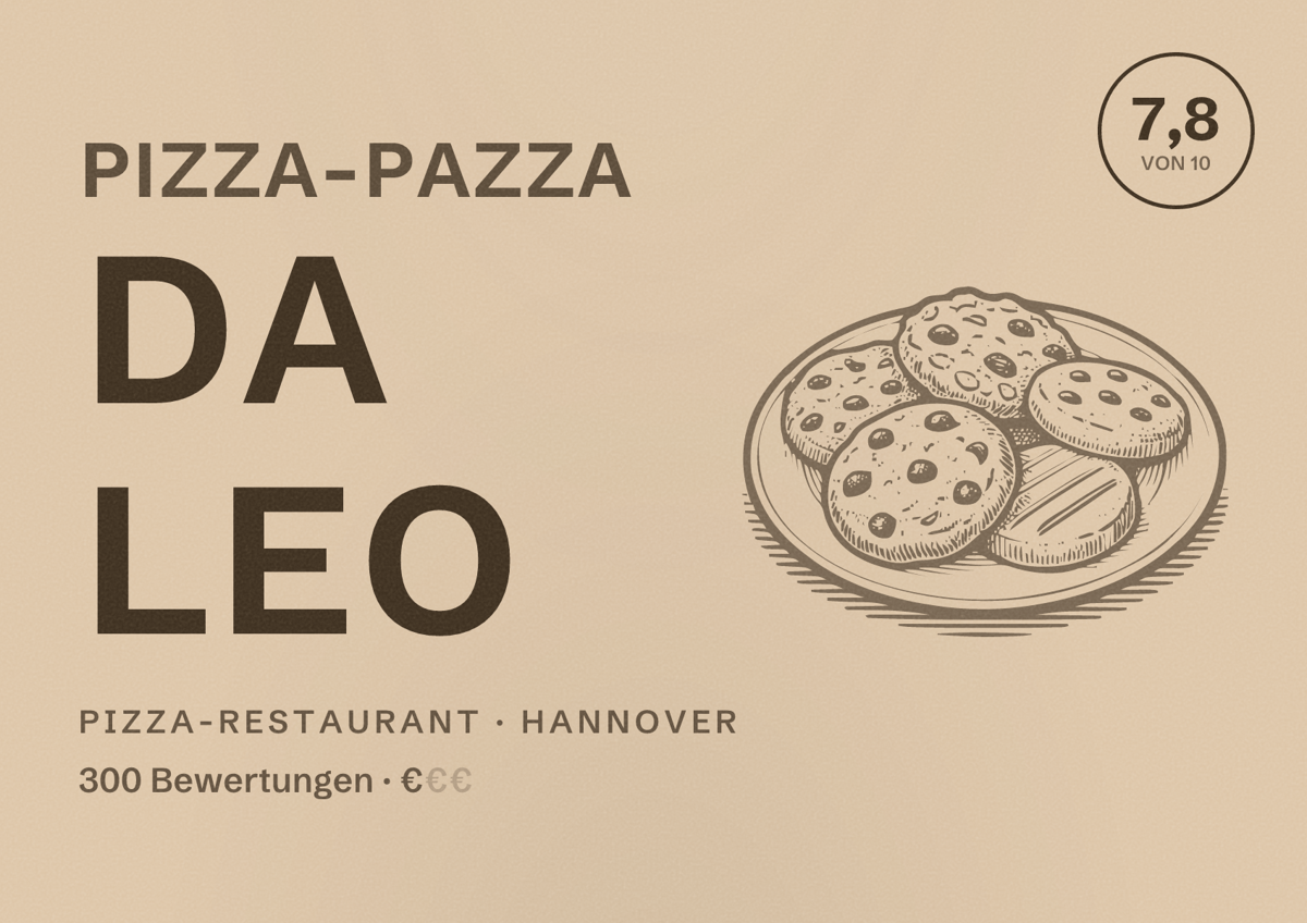Illustriertes Poster von Pizza-Pazza da Leo, Pizza-Restaurant in Hannover: Bewertung 7,8 von 10 aus 300 Bewertungen, Preisniveau €