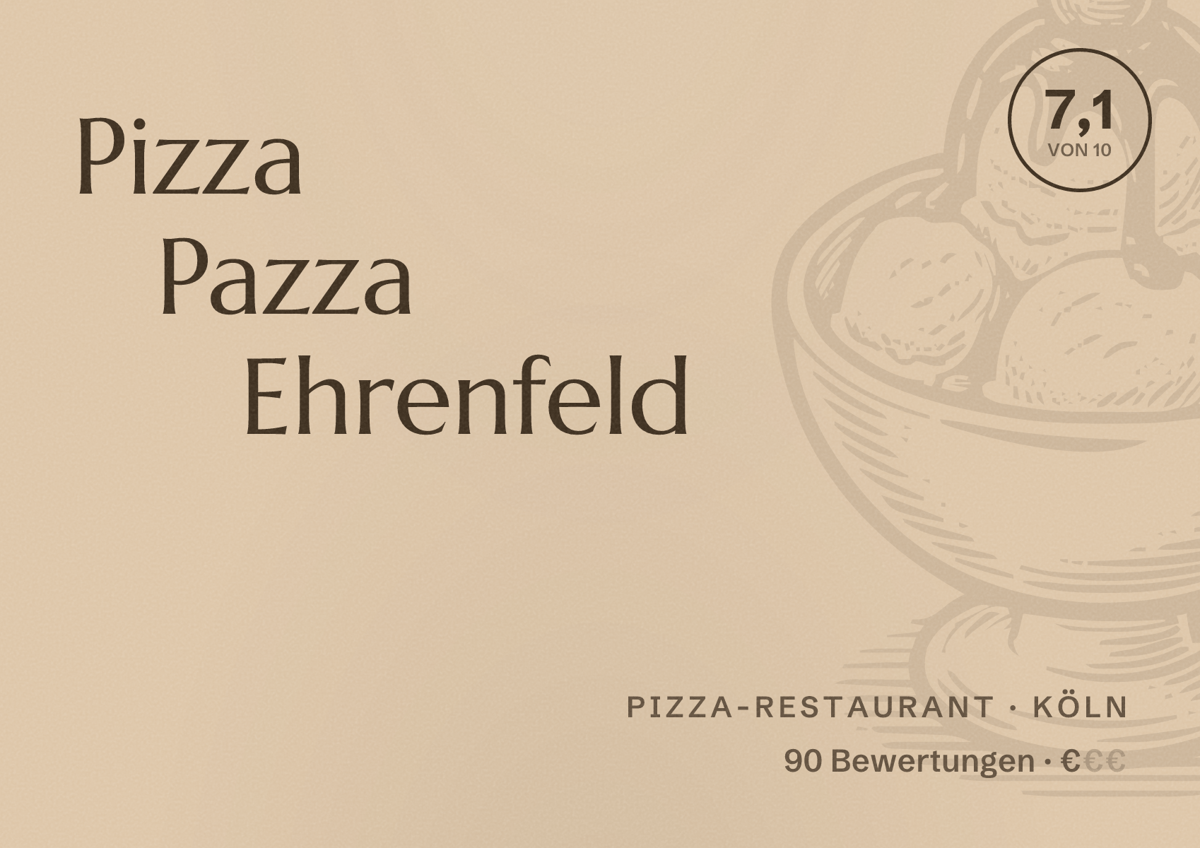 Illustriertes Poster von Pizza Pazza Ehrenfeld, Pizza-Restaurant in Köln: Bewertung 7,1 von 10 aus 90 Bewertungen, Preisniveau €