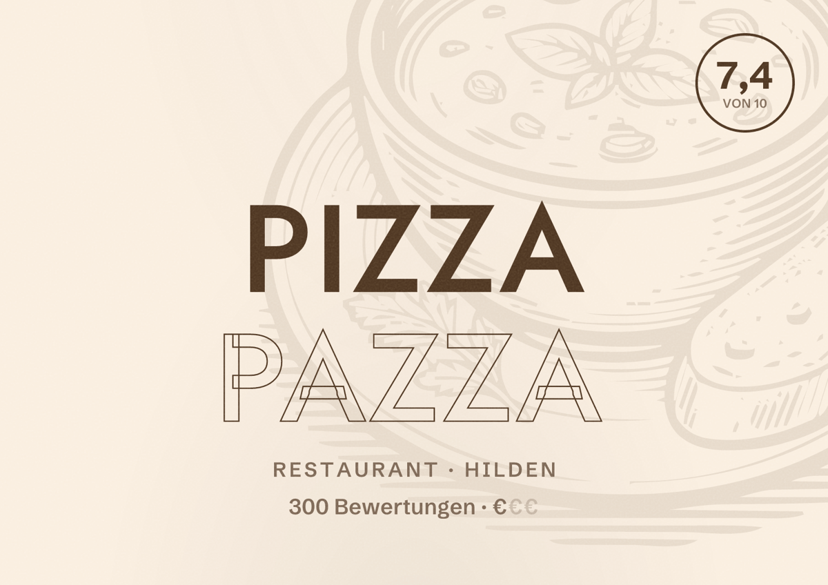 Illustriertes Poster von Pizza Pazza, Restaurant in Hilden: Bewertung 7,4 von 10 aus 300 Bewertungen, Preisniveau €