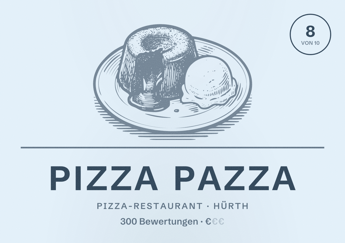 Illustriertes Poster von Pizza Pazza, Pizza-Restaurant in Hürth: Bewertung 8 von 10 aus 300 Bewertungen, Preisniveau €