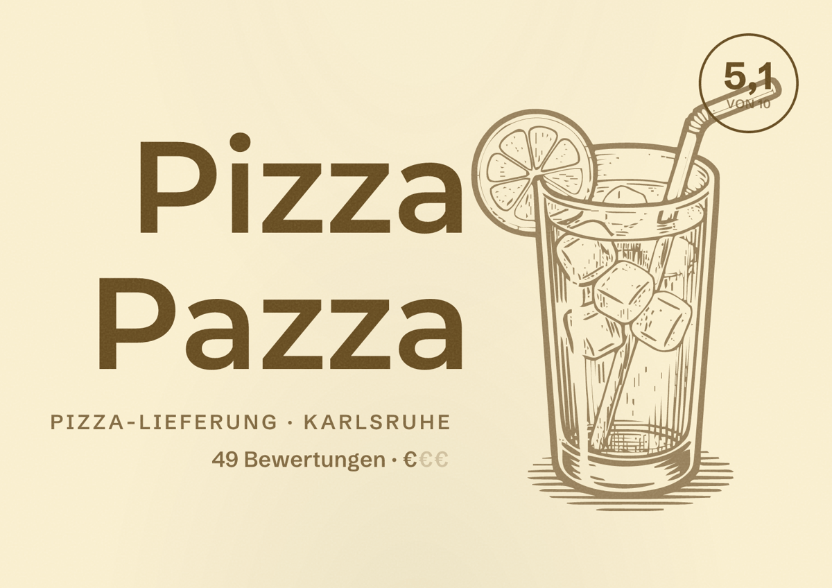 Illustriertes Poster von Pizza Pazza, Pizza-Lieferung in Karlsruhe: Bewertung 5,1 von 10 aus 49 Bewertungen, Preisniveau €