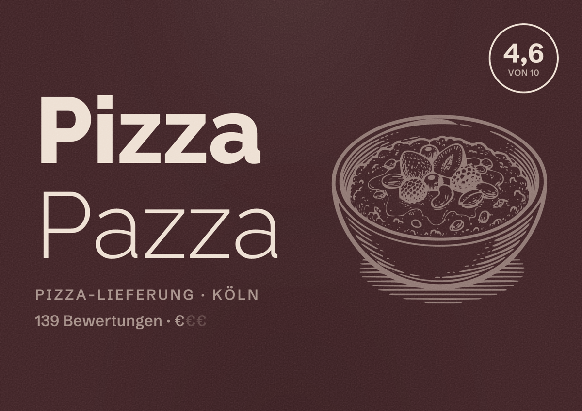 Illustriertes Poster von Pizza Pazza, Pizza-Lieferung in Köln: Bewertung 4,6 von 10 aus 139 Bewertungen, Preisniveau €