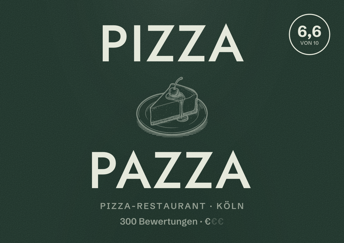 Illustriertes Poster von Pizza Pazza, Pizza-Restaurant in Köln: Bewertung 6,6 von 10 aus 300 Bewertungen, Preisniveau €