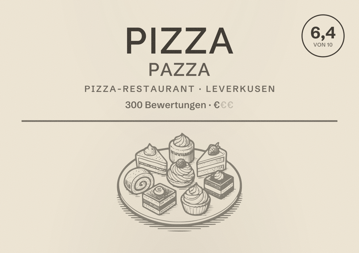 Illustriertes Poster von Pizza Pazza, Pizza-Restaurant in Leverkusen: Bewertung 6,4 von 10 aus 300 Bewertungen, Preisniveau €