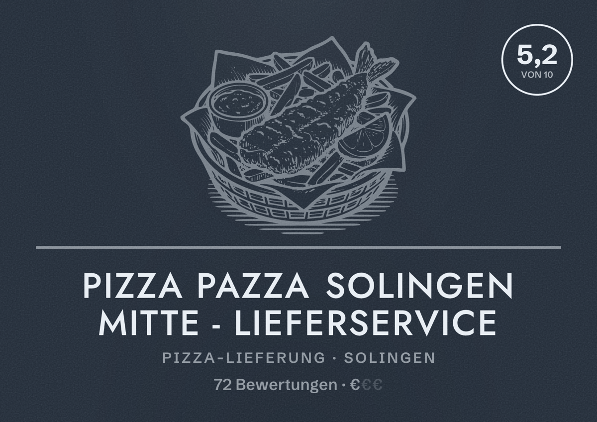 Illustriertes Poster von Pizza Pazza Solingen Mitte - Lieferservice, Pizza-Lieferung in Solingen: Bewertung 5,2 von 10 aus 72 Bewertungen, Preisniveau €