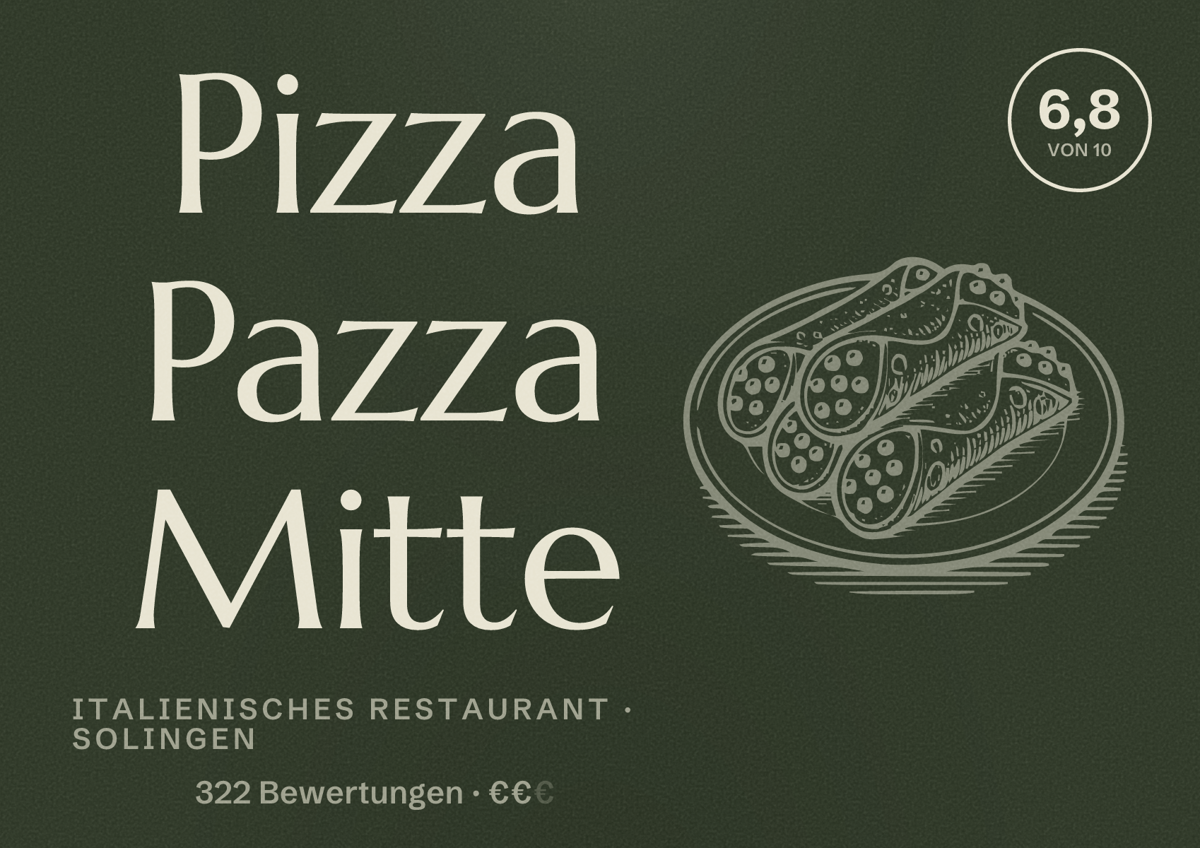 Illustriertes Poster von Pizza Pazza Mitte, Italienisches Restaurant in Solingen: Bewertung 6,8 von 10 aus 322 Bewertungen, Preisniveau €€