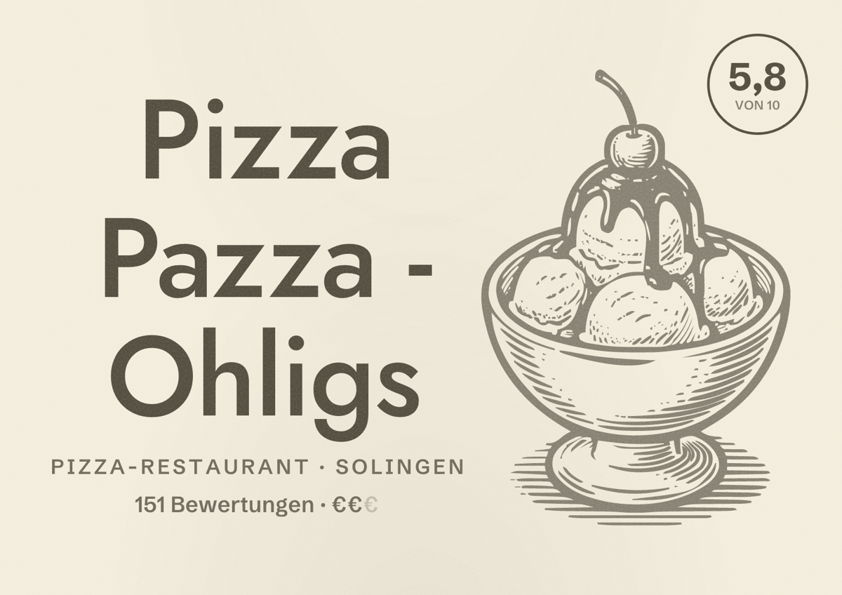 Illustriertes Poster von Pizza Pazza - Ohligs, Pizza-Restaurant in Solingen: Bewertung 5,8 von 10 aus 151 Bewertungen, Preisniveau €€