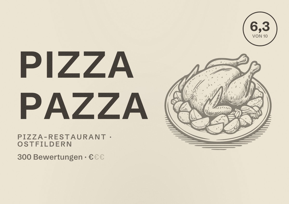 Illustriertes Poster von Pizza Pazza, Pizza-Restaurant in Ostfildern: Bewertung 6,3 von 10 aus 300 Bewertungen, Preisniveau €