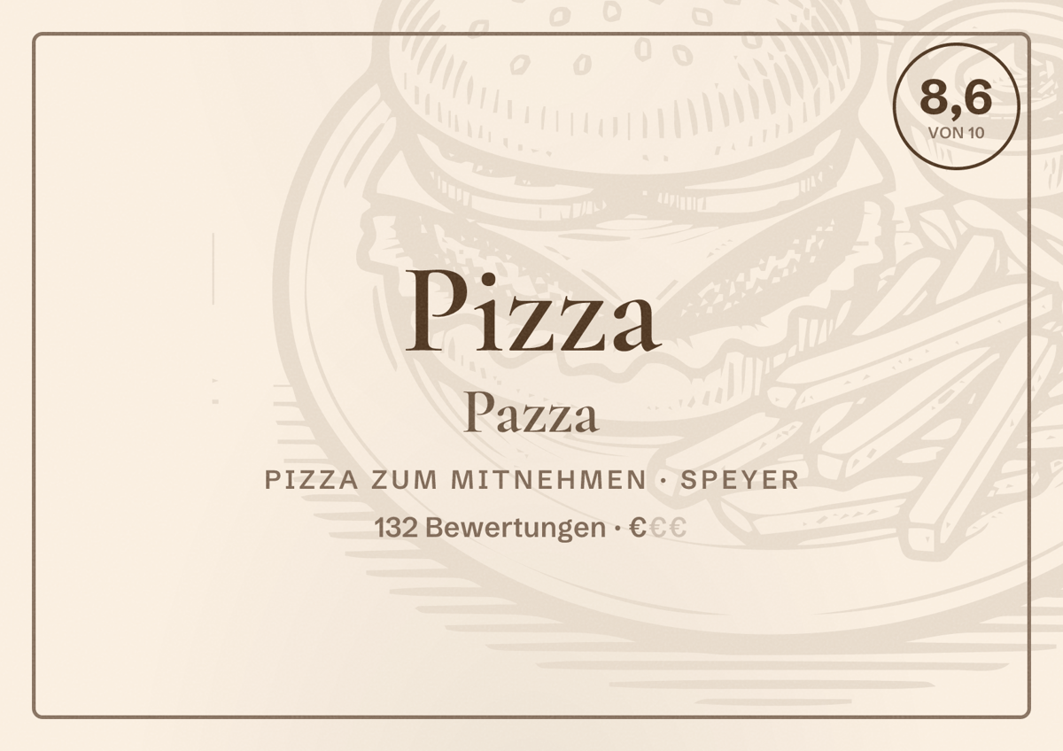 Illustriertes Poster von Pizza Pazza, Pizza zum Mitnehmen in Speyer: Bewertung 8,6 von 10 aus 132 Bewertungen, Preisniveau €
