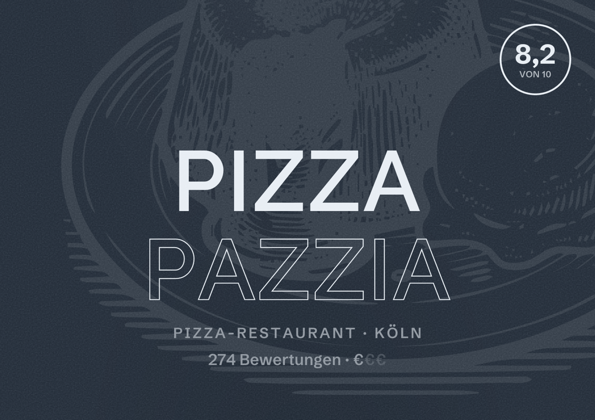Illustriertes Poster von Pizza Pazzia, Pizza-Restaurant in Köln: Bewertung 8,2 von 10 aus 274 Bewertungen, Preisniveau €