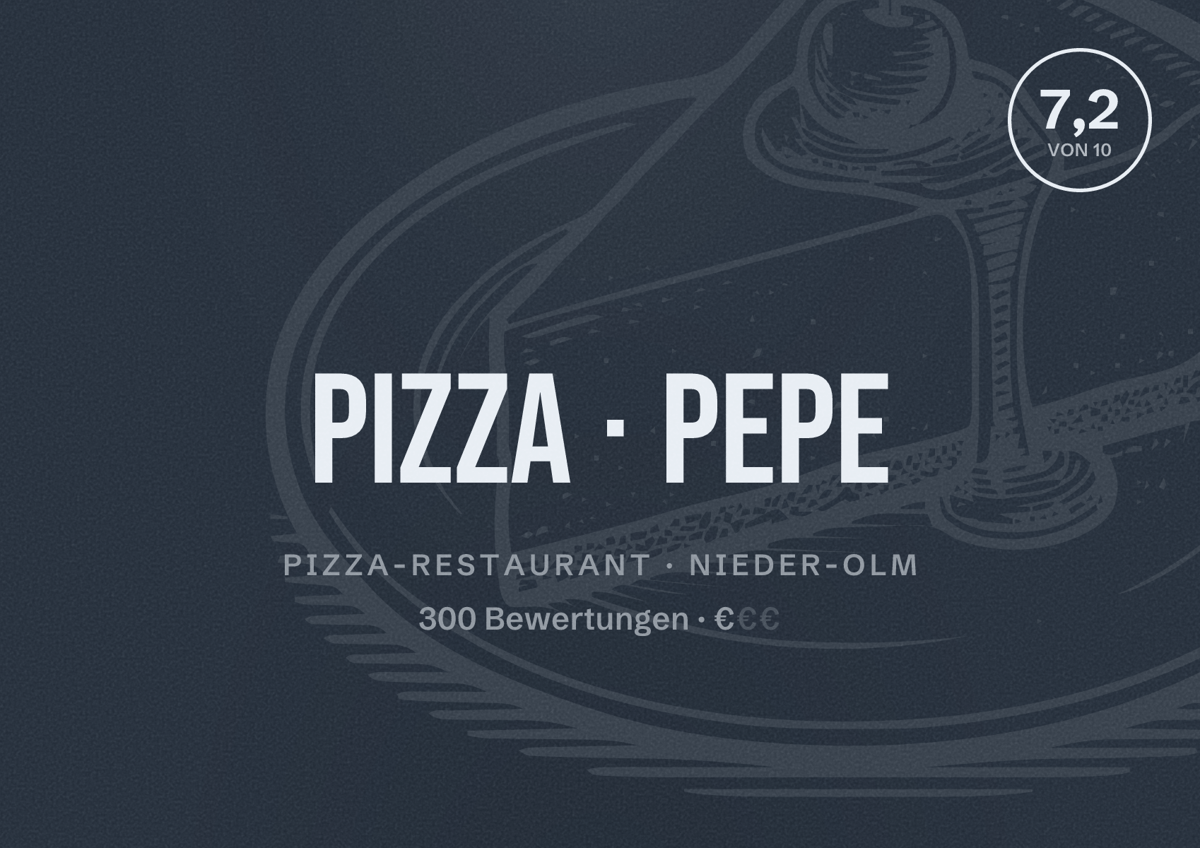 Illustriertes Poster von Pizza Pepe, Pizza-Restaurant in Nieder-Olm: Bewertung 7,2 von 10 aus 300 Bewertungen, Preisniveau €