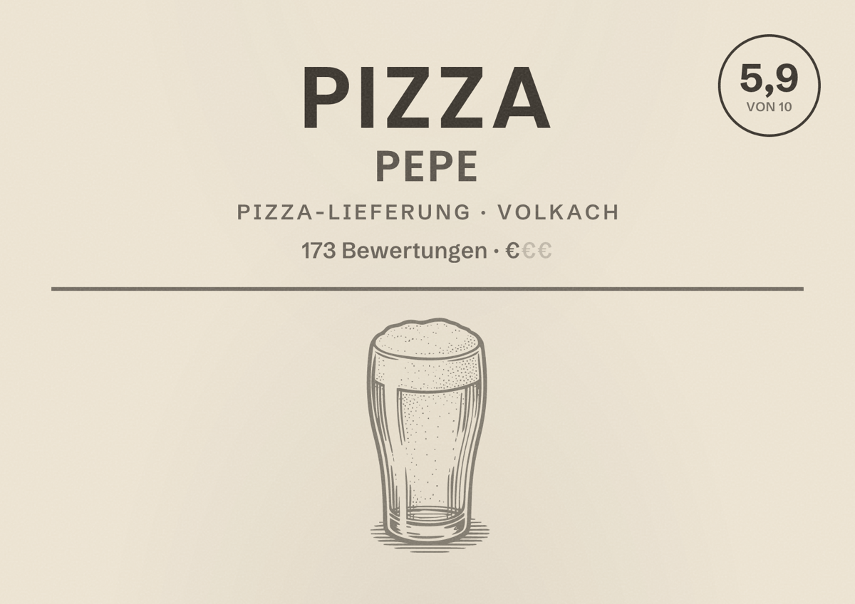 Illustriertes Poster von Pizza Pepe, Pizza-Lieferung in Volkach: Bewertung 5,9 von 10 aus 173 Bewertungen, Preisniveau €