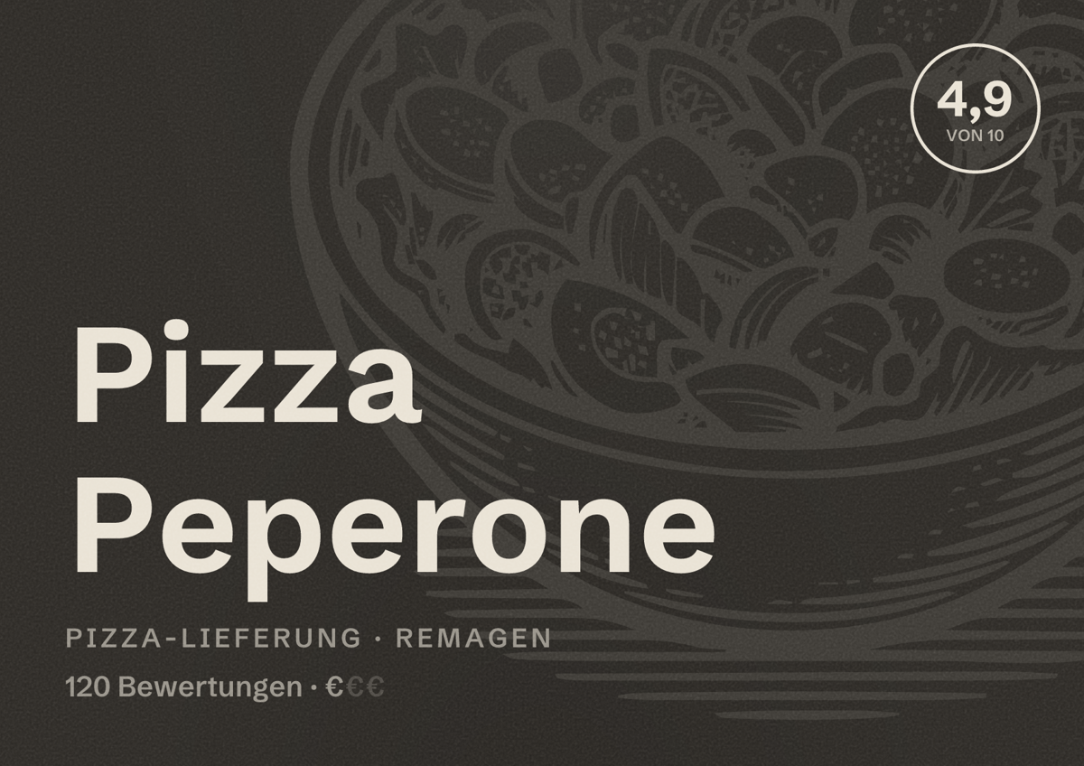 Illustriertes Poster von Pizza Peperone, Pizza-Lieferung in Remagen: Bewertung 4,9 von 10 aus 120 Bewertungen, Preisniveau €