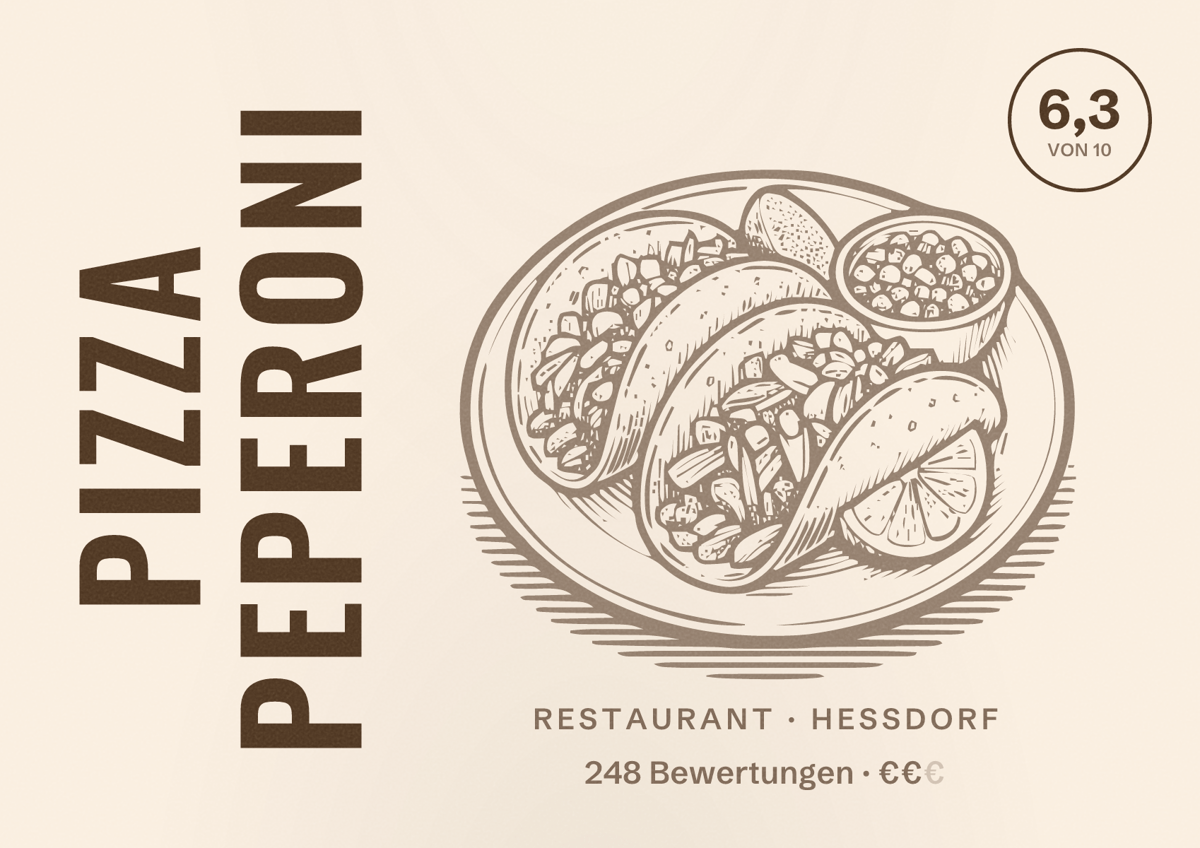 Illustriertes Poster von Pizza Peperoni, Restaurant in Heßdorf: Bewertung 6,3 von 10 aus 248 Bewertungen, Preisniveau €€