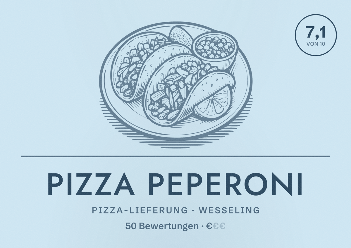 Illustriertes Poster von Pizza Peperoni, Pizza-Lieferung in Wesseling: Bewertung 7,1 von 10 aus 50 Bewertungen, Preisniveau €