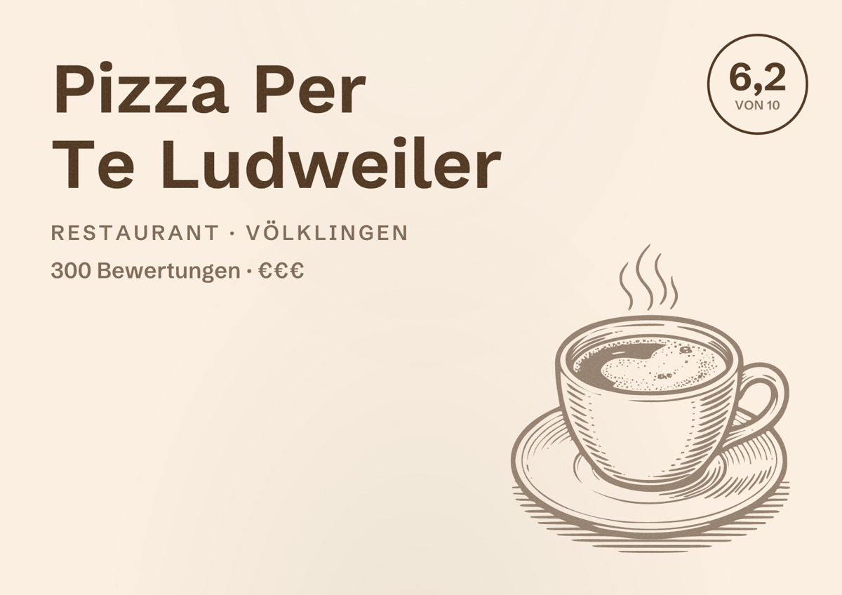 Illustriertes Poster von Pizza Per Te Ludweiler, Restaurant in Völklingen: Bewertung 6,2 von 10 aus 300 Bewertungen, Preisniveau €€€