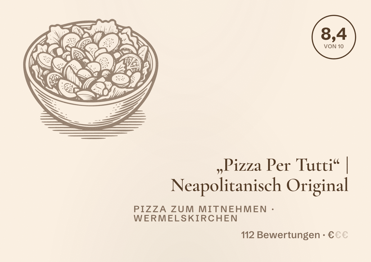 Illustriertes Poster von „Pizza Per Tutti“ | Neapolitanisch Original, Pizza zum Mitnehmen in Wermelskirchen: Bewertung 8,4 von 10 aus 112 Bewertungen, Preisniveau €