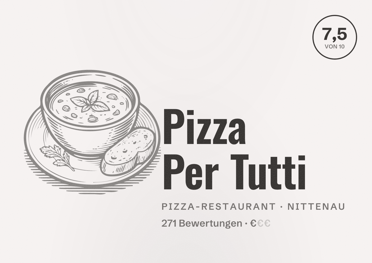 Illustriertes Poster von Pizza Per Tutti, Pizza-Restaurant in Nittenau: Bewertung 7,5 von 10 aus 271 Bewertungen, Preisniveau €