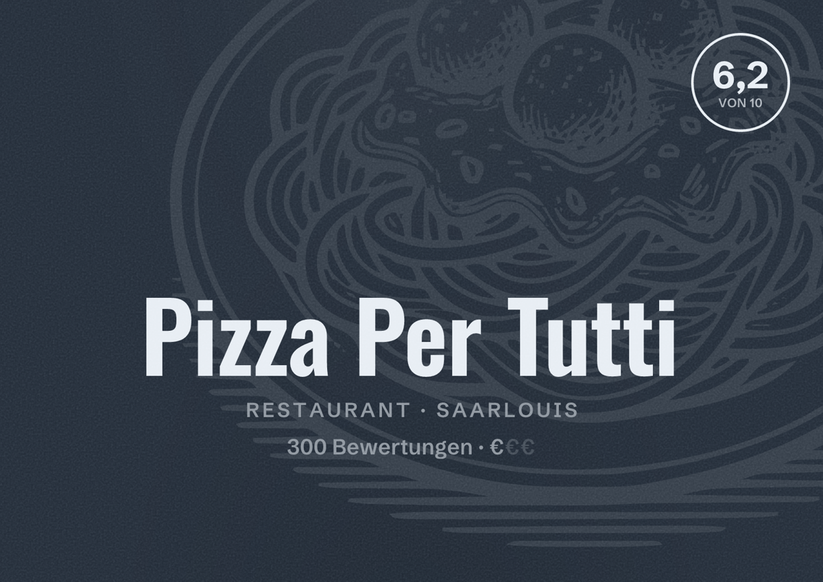 Illustriertes Poster von Pizza Per Tutti, Restaurant in Saarlouis: Bewertung 6,2 von 10 aus 300 Bewertungen, Preisniveau €