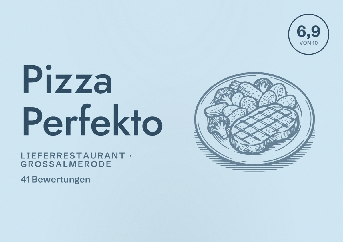 Illustriertes Poster von Pizza Perfekto, Lieferrestaurant in Großalmerode: Bewertung 6,9 von 10 aus 41 Bewertungen
