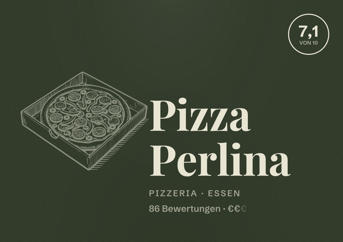 Illustriertes Poster von Pizza Perlina, Pizzeria in Essen: Bewertung 7,1 von 10 aus 86 Bewertungen, Preisniveau €€